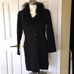 Thalian brand black real mongolian fur collar long structured jacket EUC